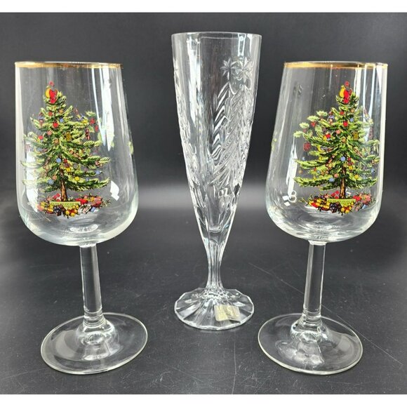 Vintage Spode Christmas Tree Wine Glasses and Mikasa Champagne Flute DH1370 - Picture 2 of 6
